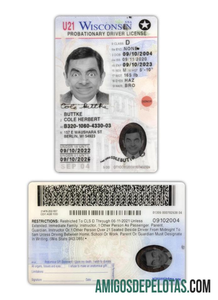 Carta de condução para menores de 21 anos nos EUA, Wisconsin, presente em 2020 modelo